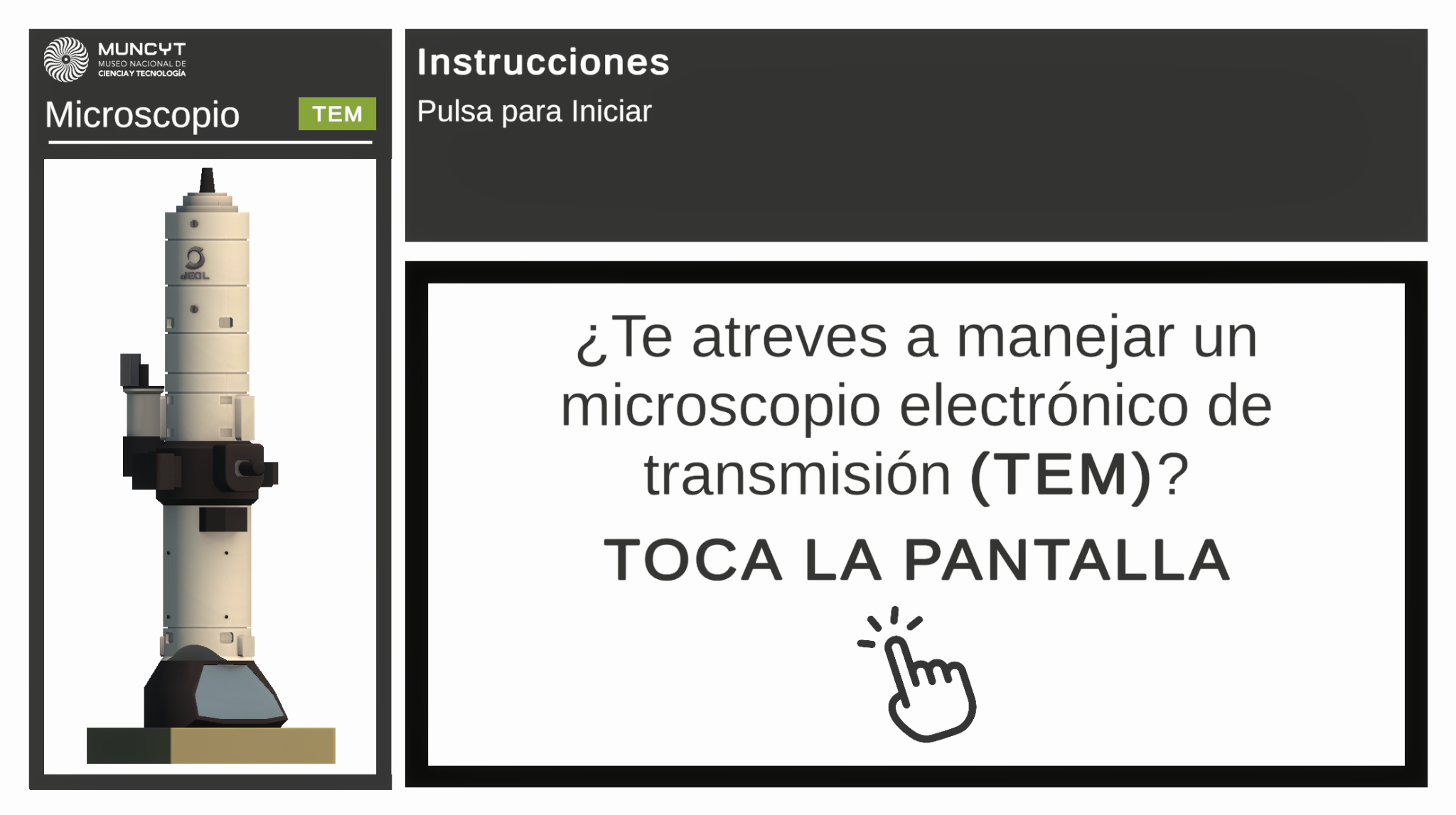 MUNCYT electron microscope simulator start screen