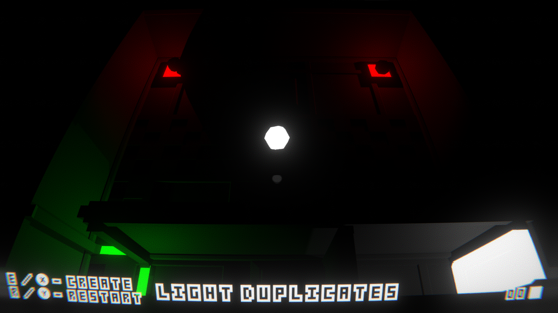 A dark red and green chamber with the light duplicated objective in n/thing