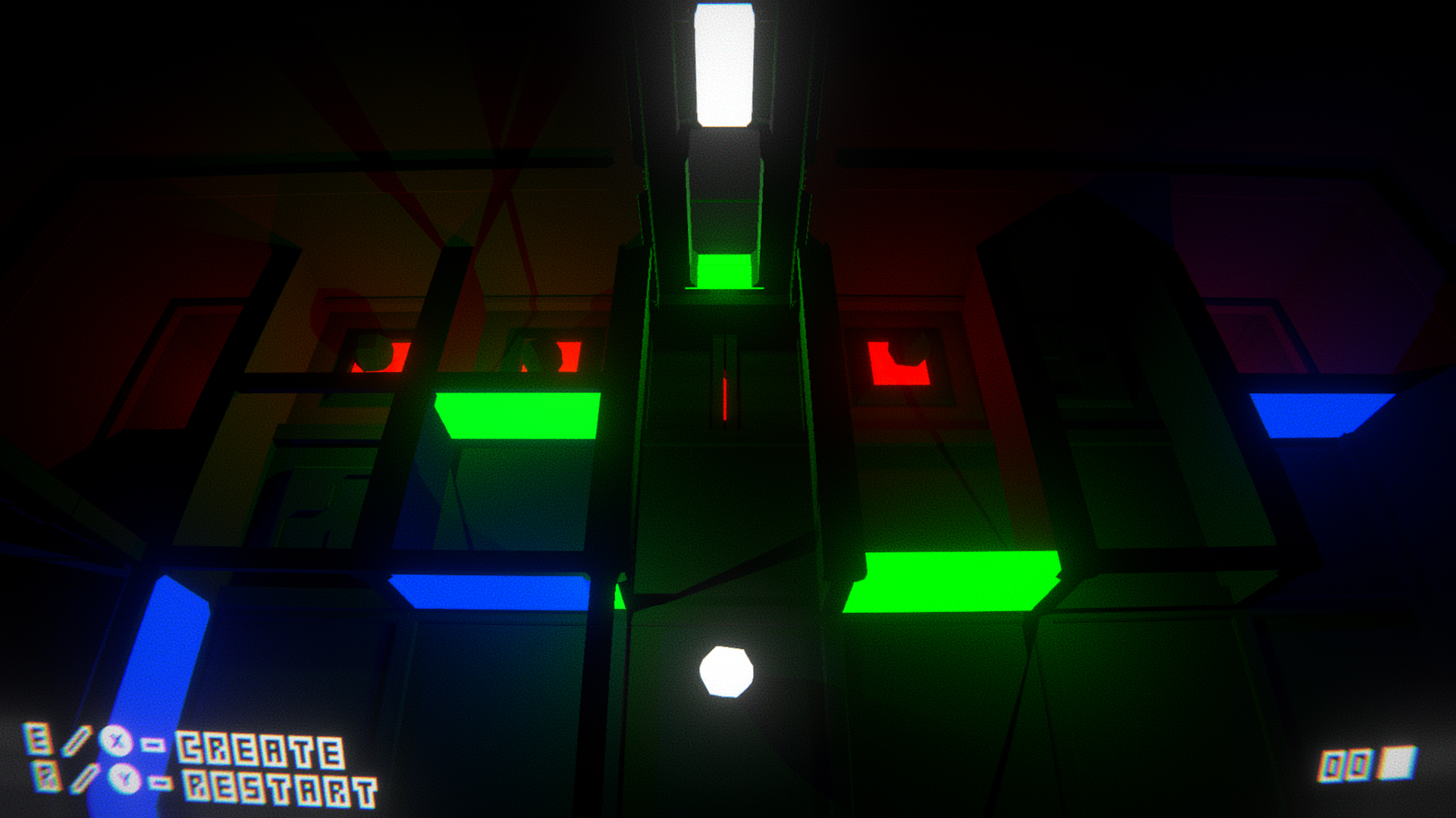 A dark puzzle chamber showing the player controls in n/thing