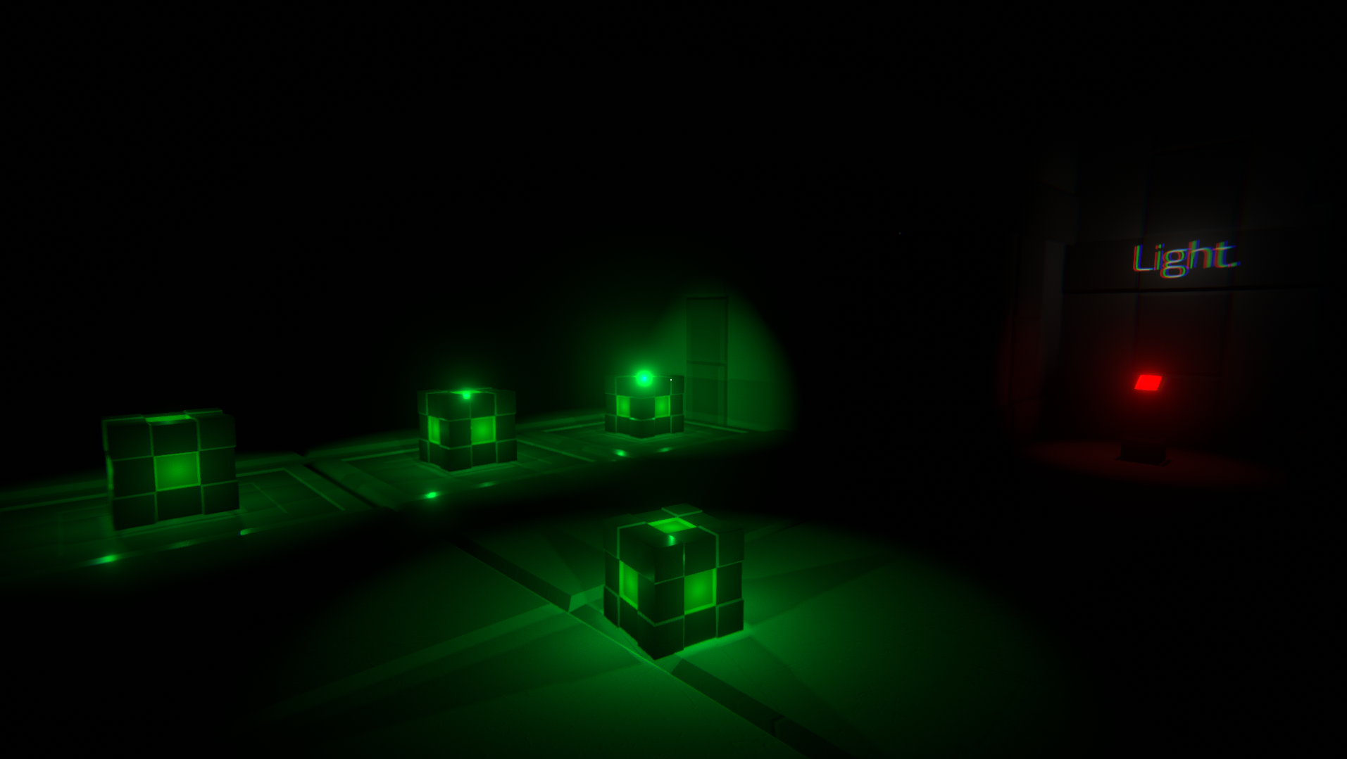 Glowing green puzzle cubes and a red light switch in N.W.O. Chamber