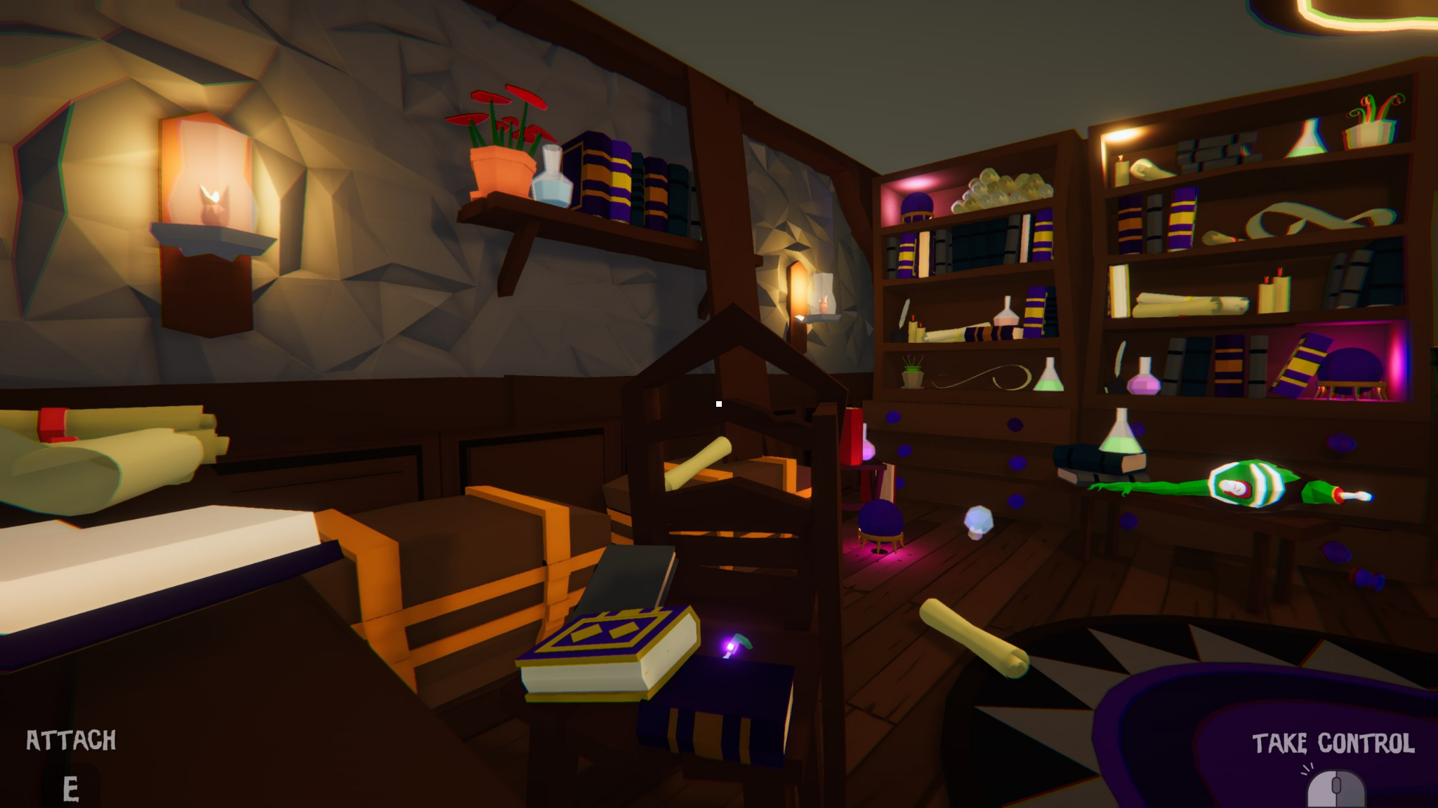 A wide view of the cluttered alchemy room and attach mechanic in Self Apart